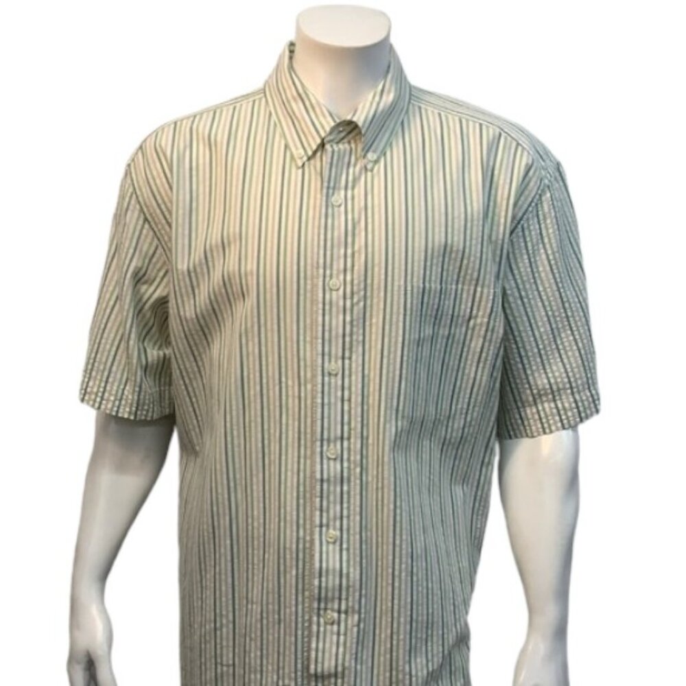 Eddie Bauer White Green Tan Striped Short Sleeve Button Down Shirt XL Tall